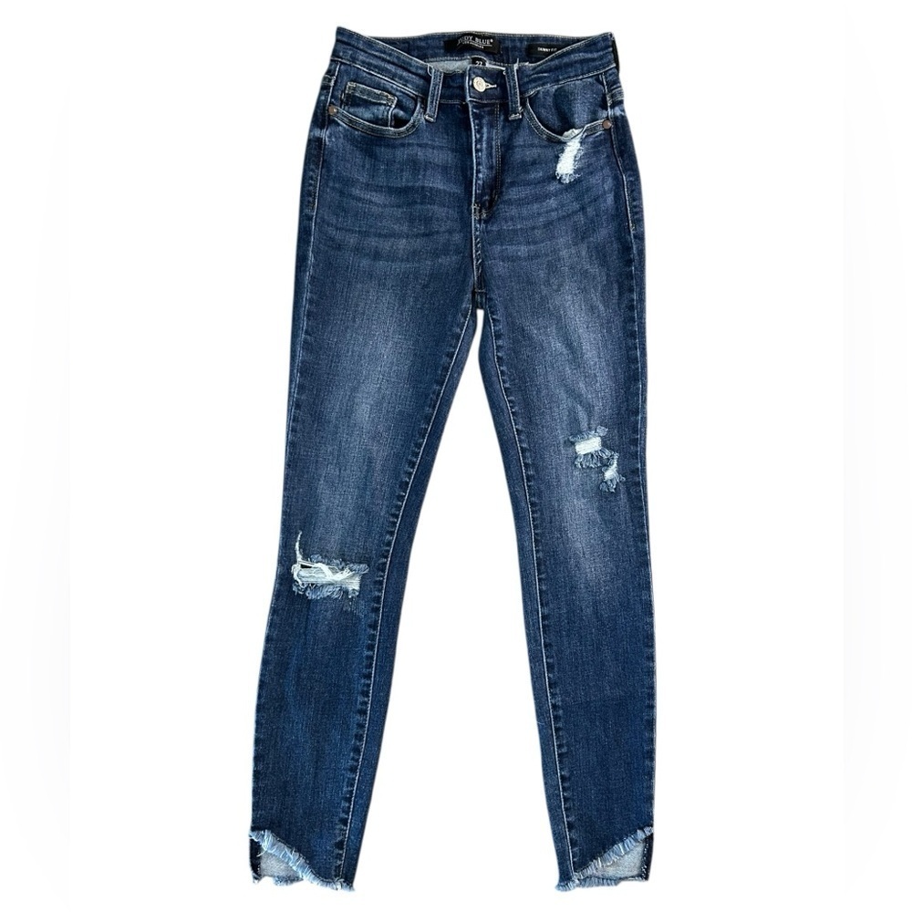 Judy Blue Skinny Fit Jeans Slanted Hem Blue Distressed Women’s Size 27 JB82326MD